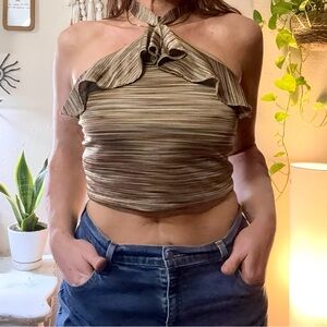 Vintage Limited Brown Metallic Striped Halter Top with Ruffle Hem